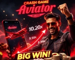 Player holding smartphone showing Aviator crash game with red airplane and high multiplier win ready to cash out